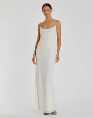 White Beaded Spaghetti Strap Column Gown