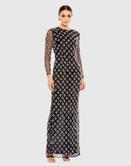 Black Long Sleeve Hand Beaded Crystal Rhinestone Gown