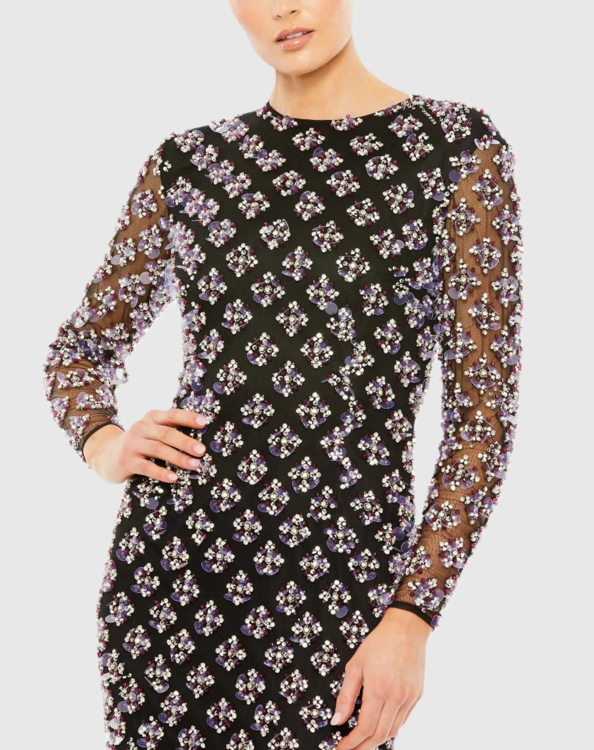 Black Long Sleeve Hand Beaded Crystal Rhinestone Gown