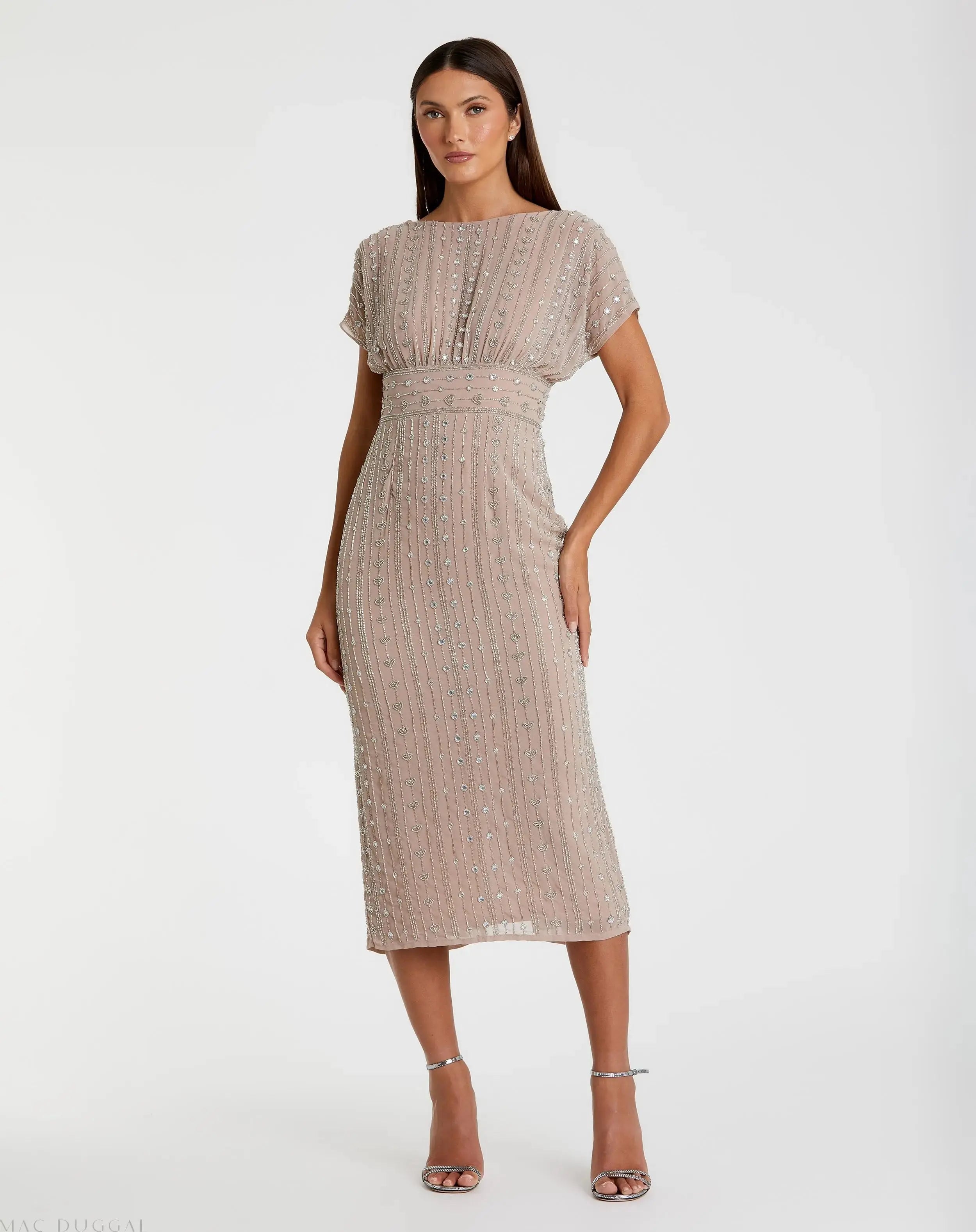 Beaded Cap Sleeve Column Sheath Dress