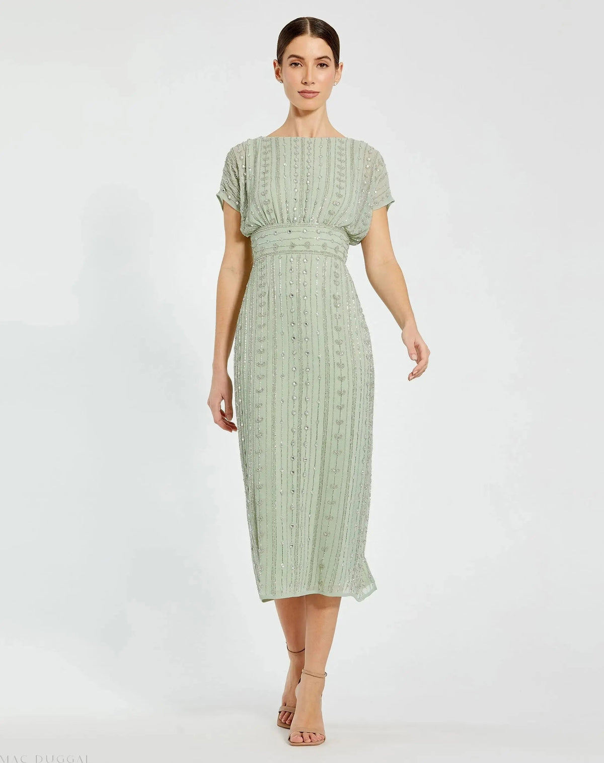 Beaded Cap Sleeve Column Sheath Dress
