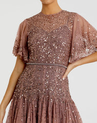 Pink Cape Sleeve Beaded Tea Length Drop Waist Dress