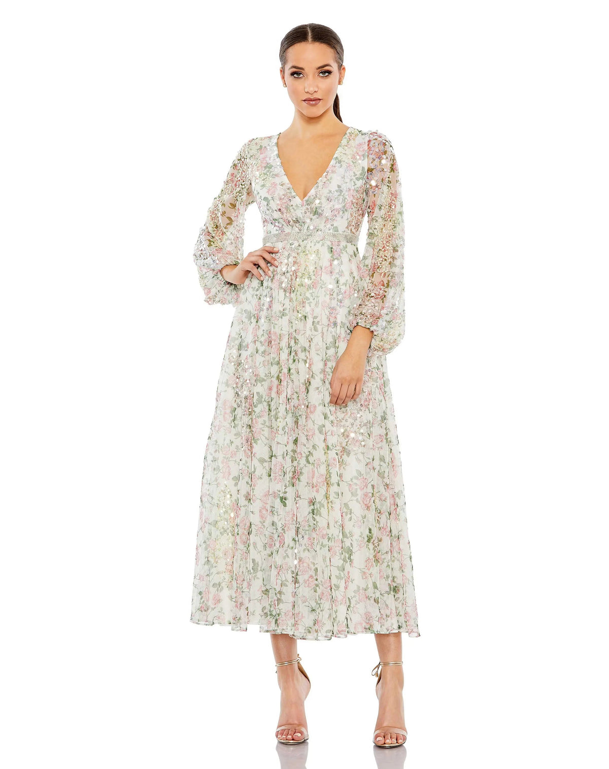 White Embellished Floral Print Faux Wrap A Line Dress