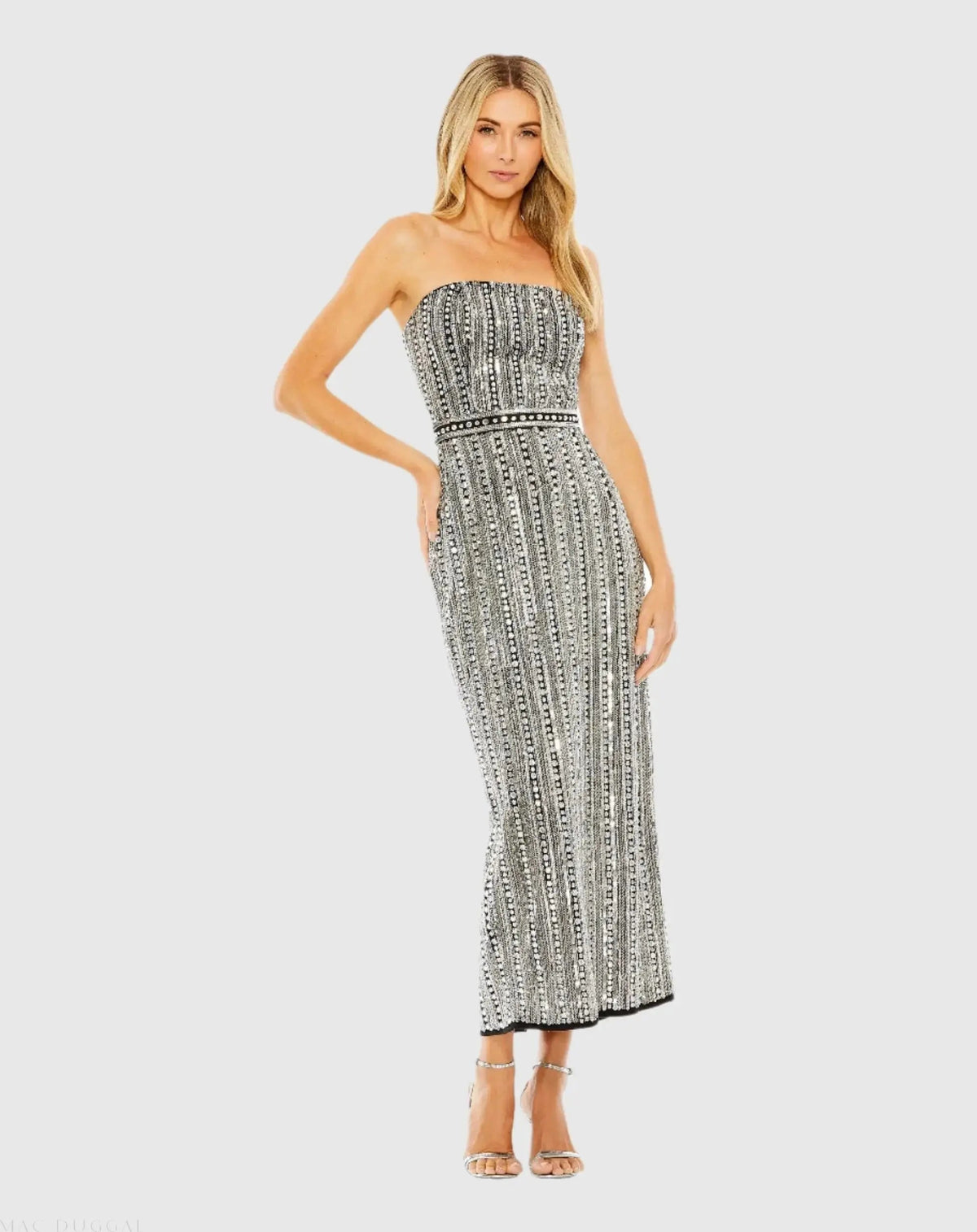 Black and Silver Embellished Strapless Sheath Dress