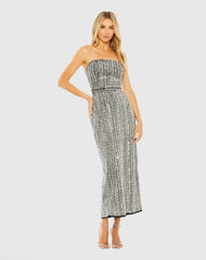 Black and Silver Embellished Strapless Sheath Dress