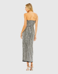 Black and Silver Embellished Strapless Sheath Dress