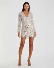 Silver Long Sleeve Beaded Fringe Plunge Neck Dress