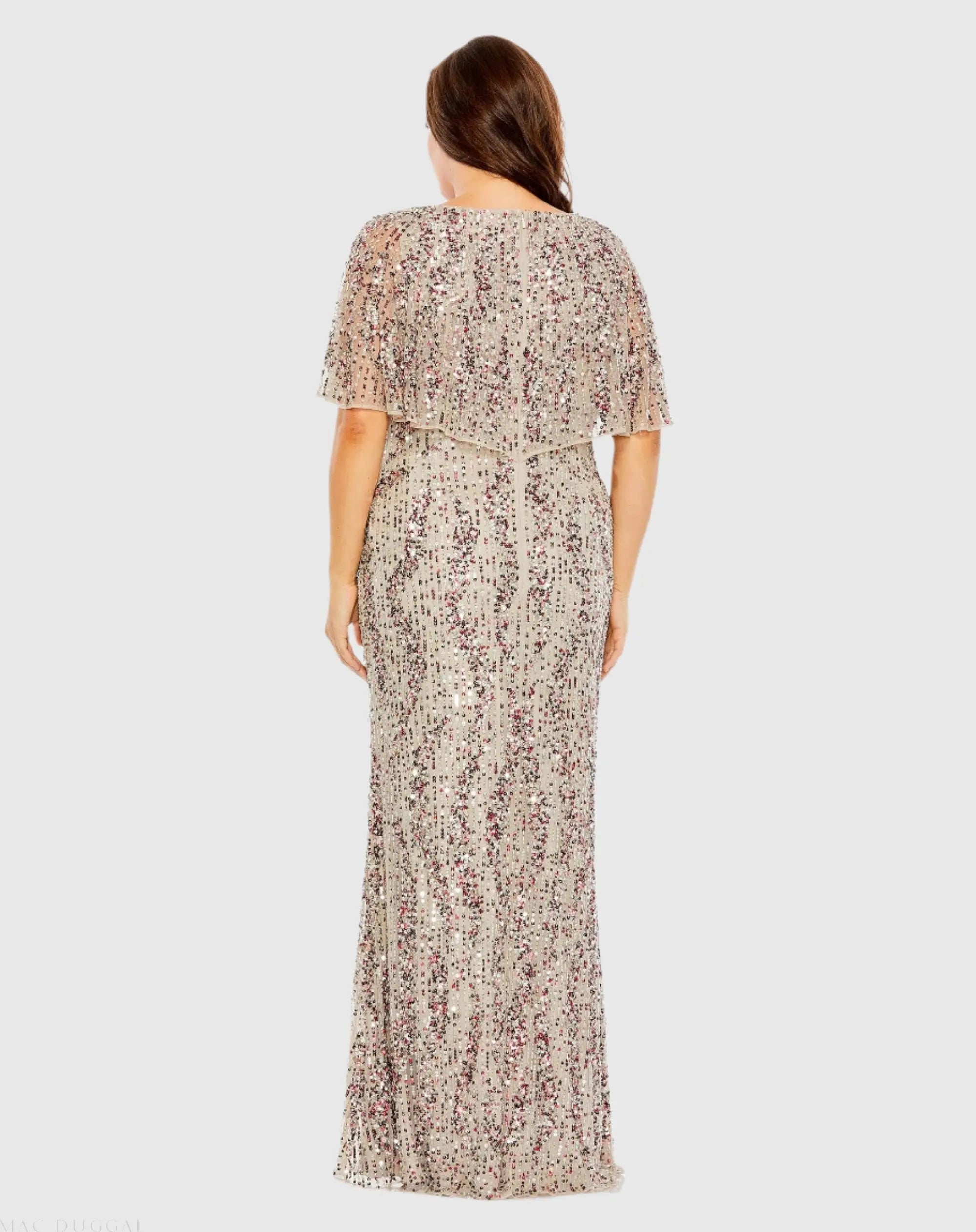 Beige High Neck Column Gown with Cape