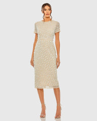 Beige High Neck Short Sleeve Embellished Midi Sheath Dress