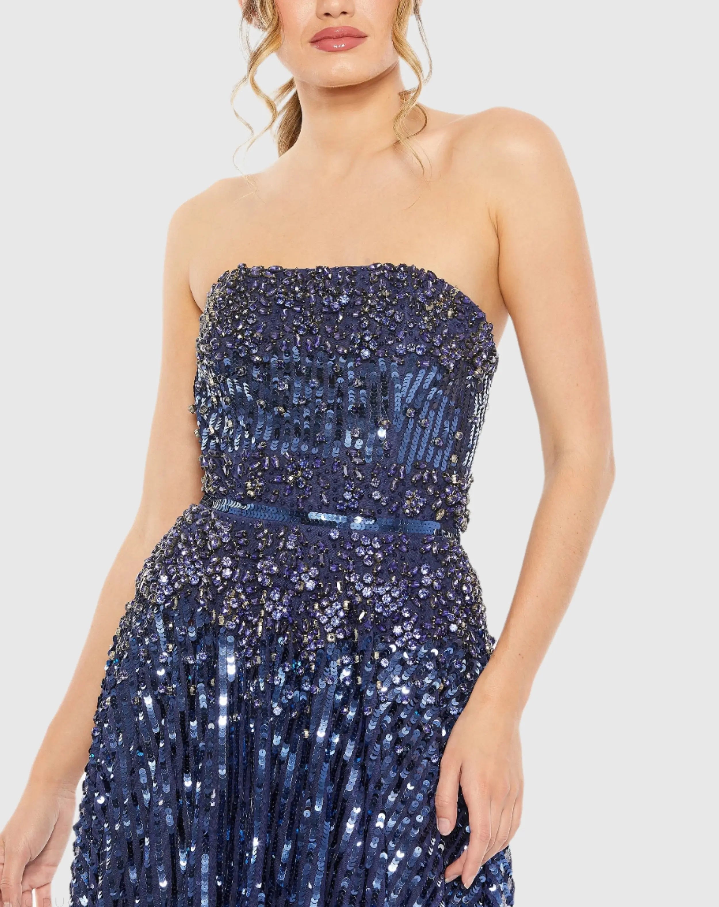 Navy Strapless Hand Embellished Beaded A Line Gown