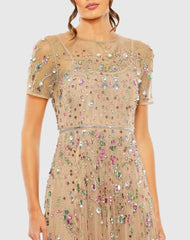 Beige Sleeve High Neck  Embellished Sequin Detail A-Line Gown