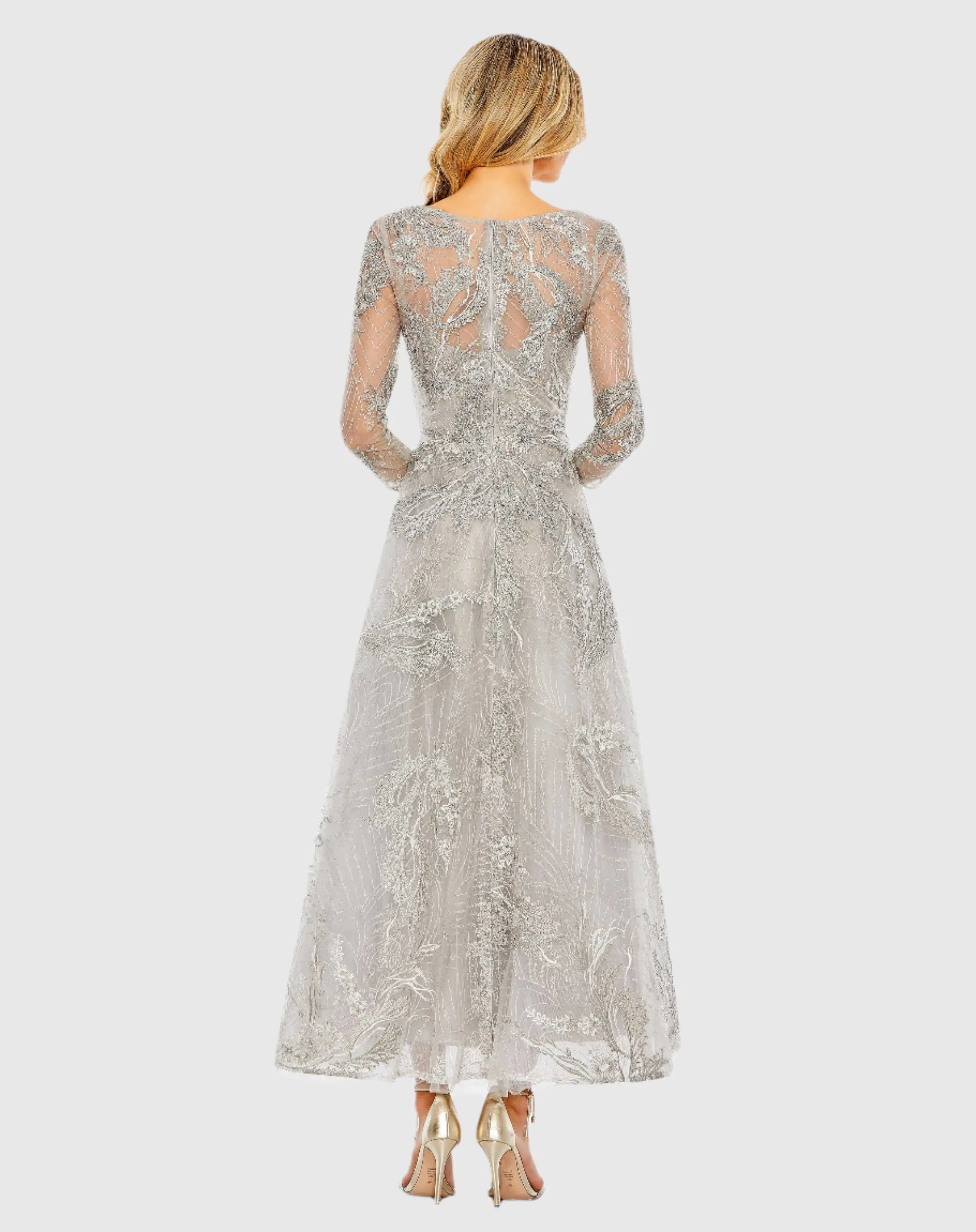 Silver Embellished Wrap Over 3/4 Sleeve Dress