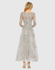Silver Embellished Wrap Over 3/4 Sleeve Dress