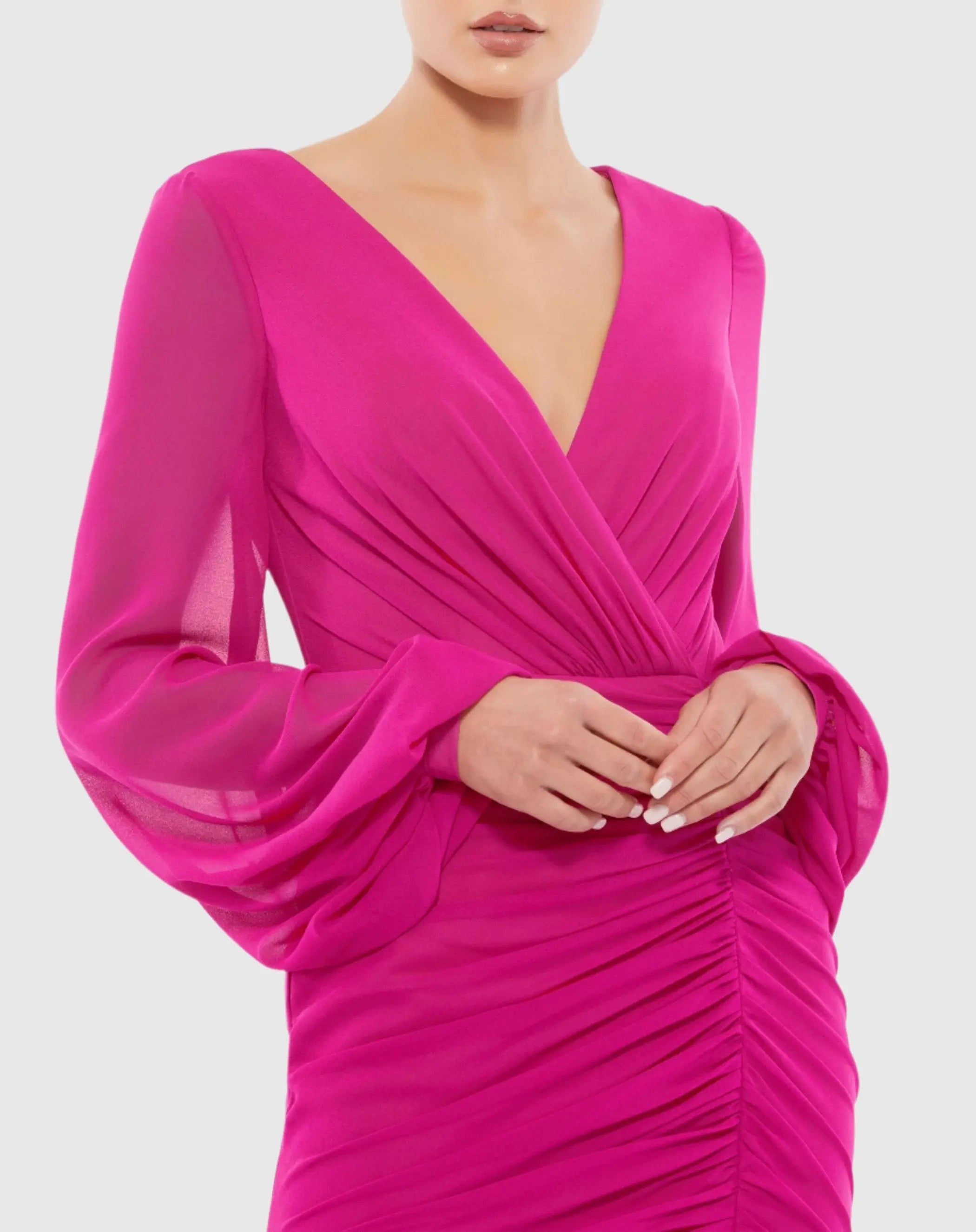 Pink Faux Wrap Puff Sleeve Ruched Fitted Mini Dress