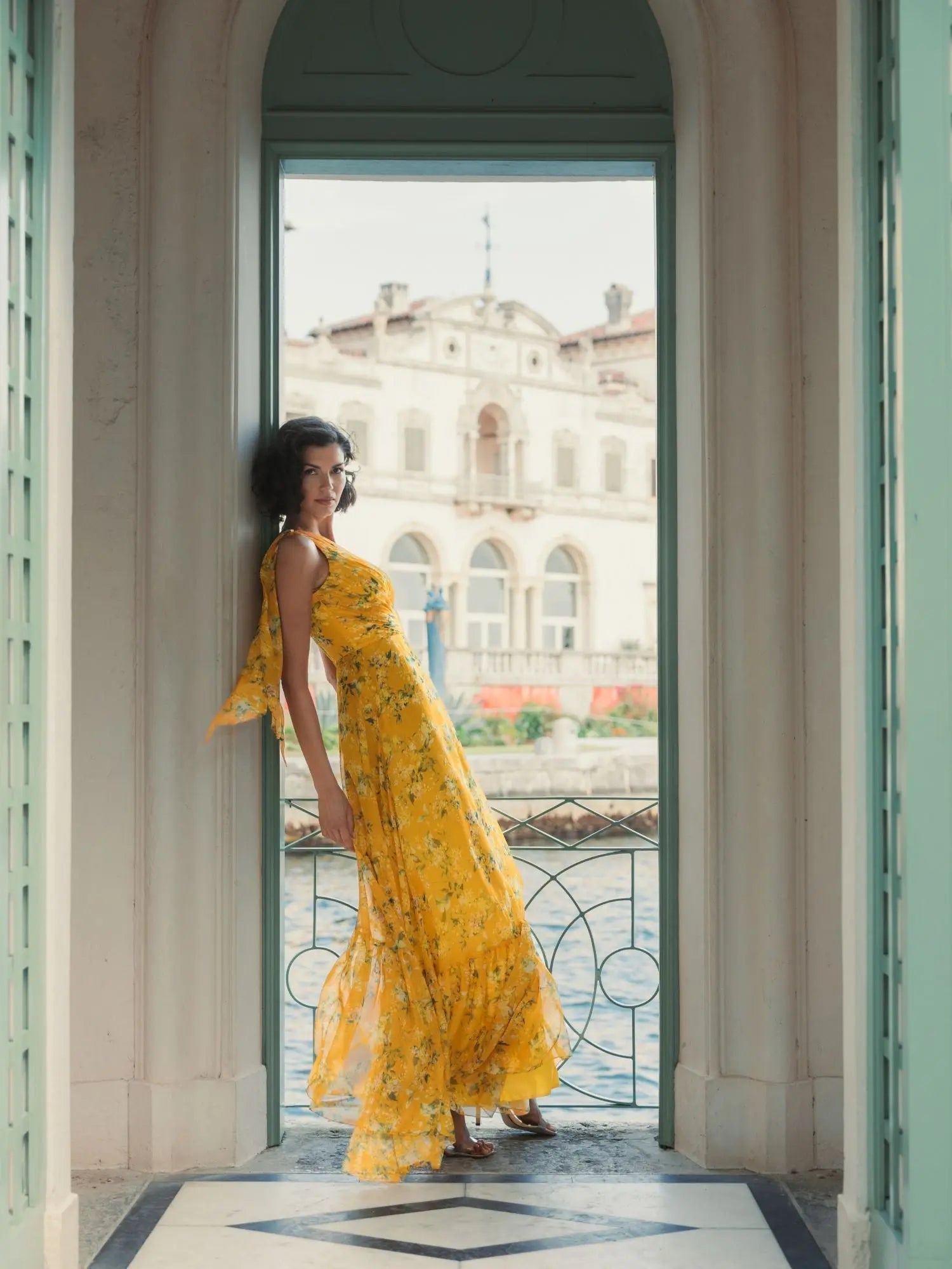 Yellow Floral One Shoulder Bow Maxi Dress