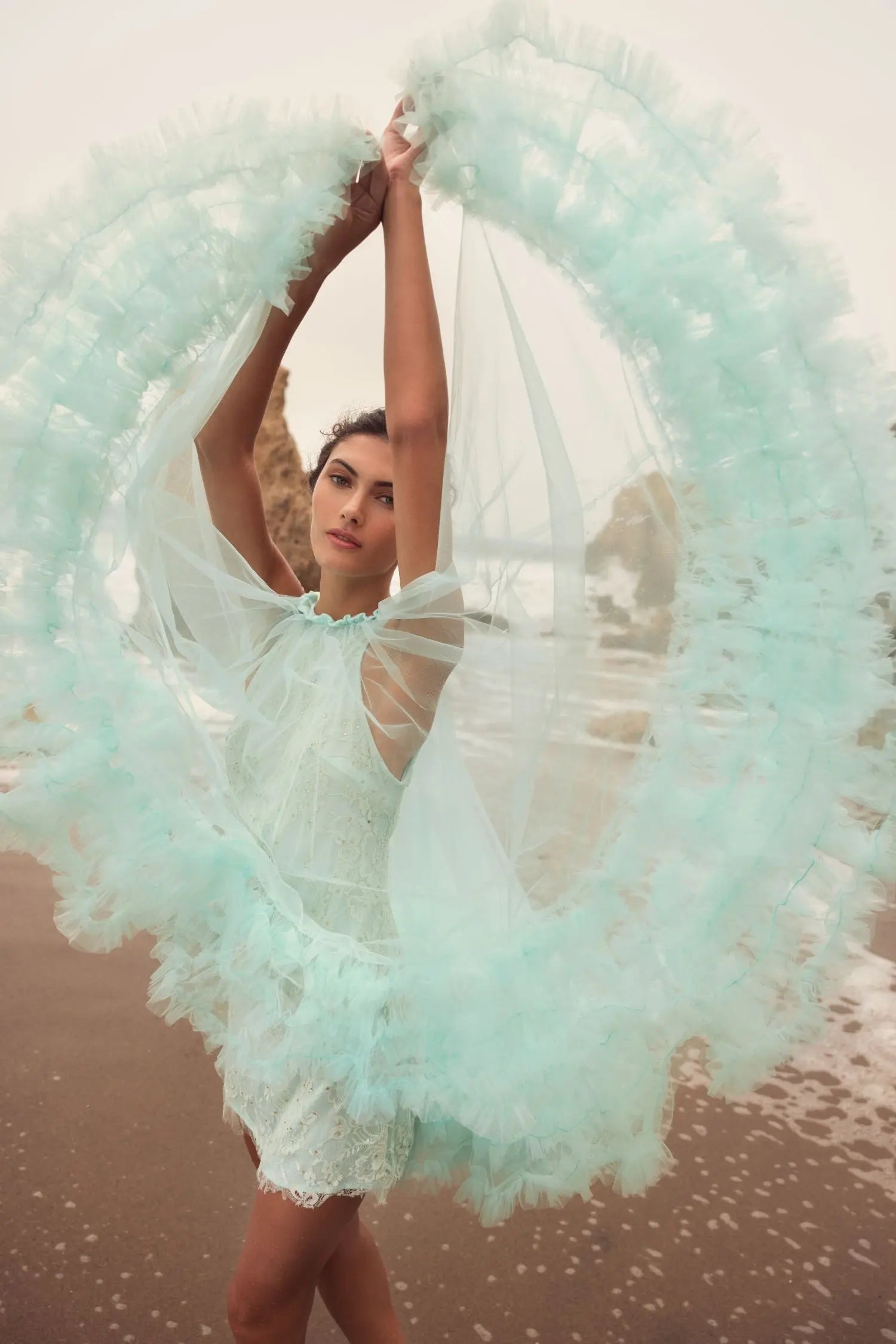 Green High Neck Gathered Tulle A-Line Swing Dress