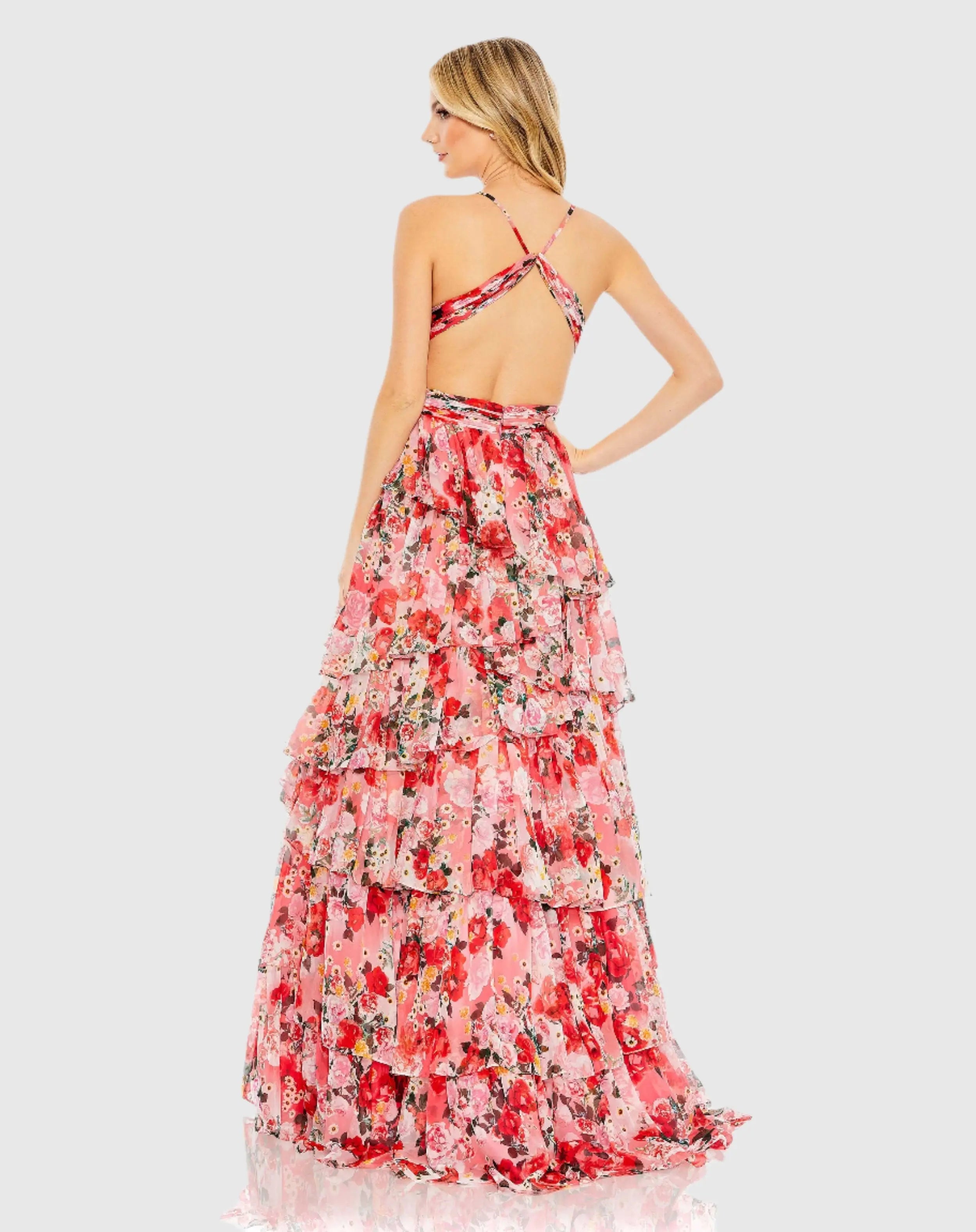 Red Pleated Chiffon Cut Out Ballgown