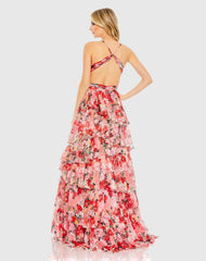 Red Pleated Chiffon Cut Out Ballgown