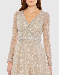 Nude Embellished Wrap Over Long Sleeve Midi Dress