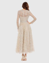 Nude Embellished Wrap Over Long Sleeve Midi Dress