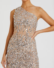 Beige One Shoulder Sheer Hand Sequined Mini Dress