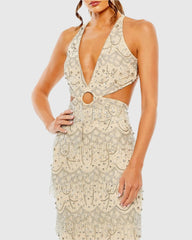 Beige Open Back Cut Out Fringe Embellished Gown
