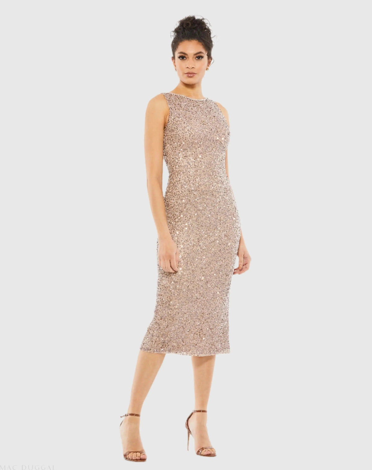 Beige Sleeveless Sequined Midi Sheath Dress