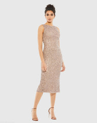 Beige Sleeveless Sequined Midi Sheath Dress