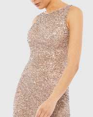 Beige Sleeveless Sequined Midi Sheath Dress