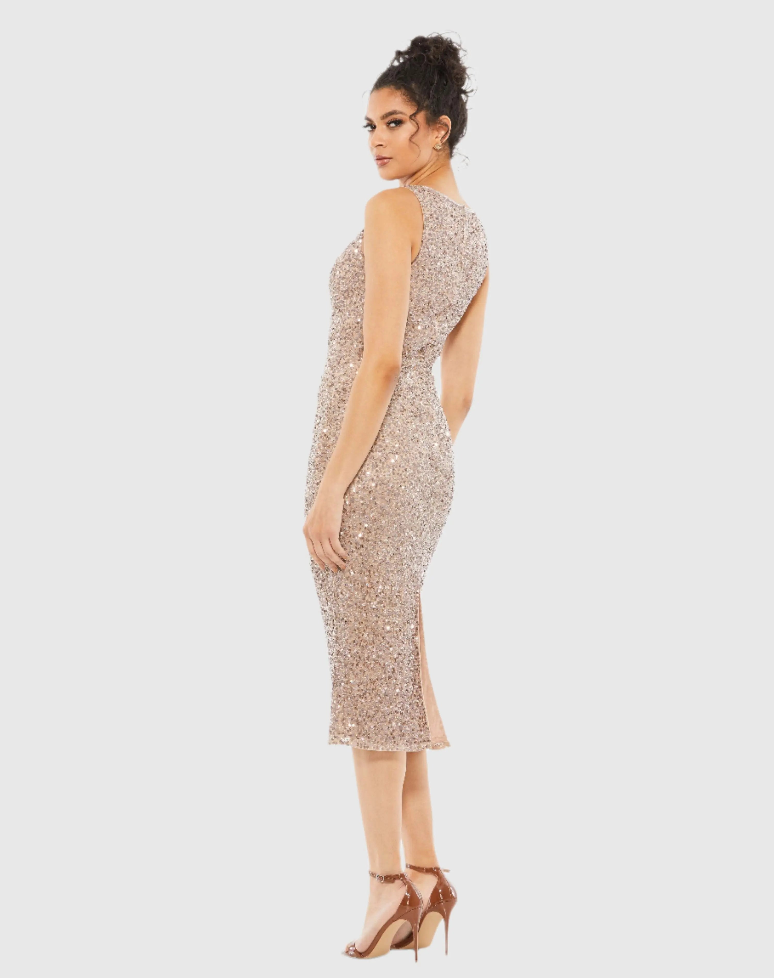 Beige Sleeveless Sequined Midi Sheath Dress