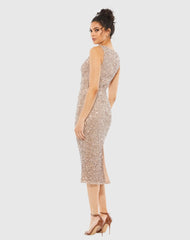 Beige Sleeveless Sequined Midi Sheath Dress