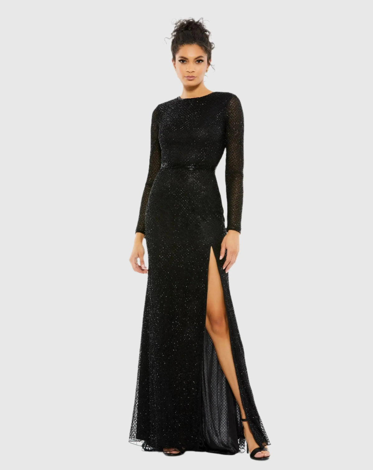 Black Beaded High Neck Long Sleeve Gown With Detailed Belt