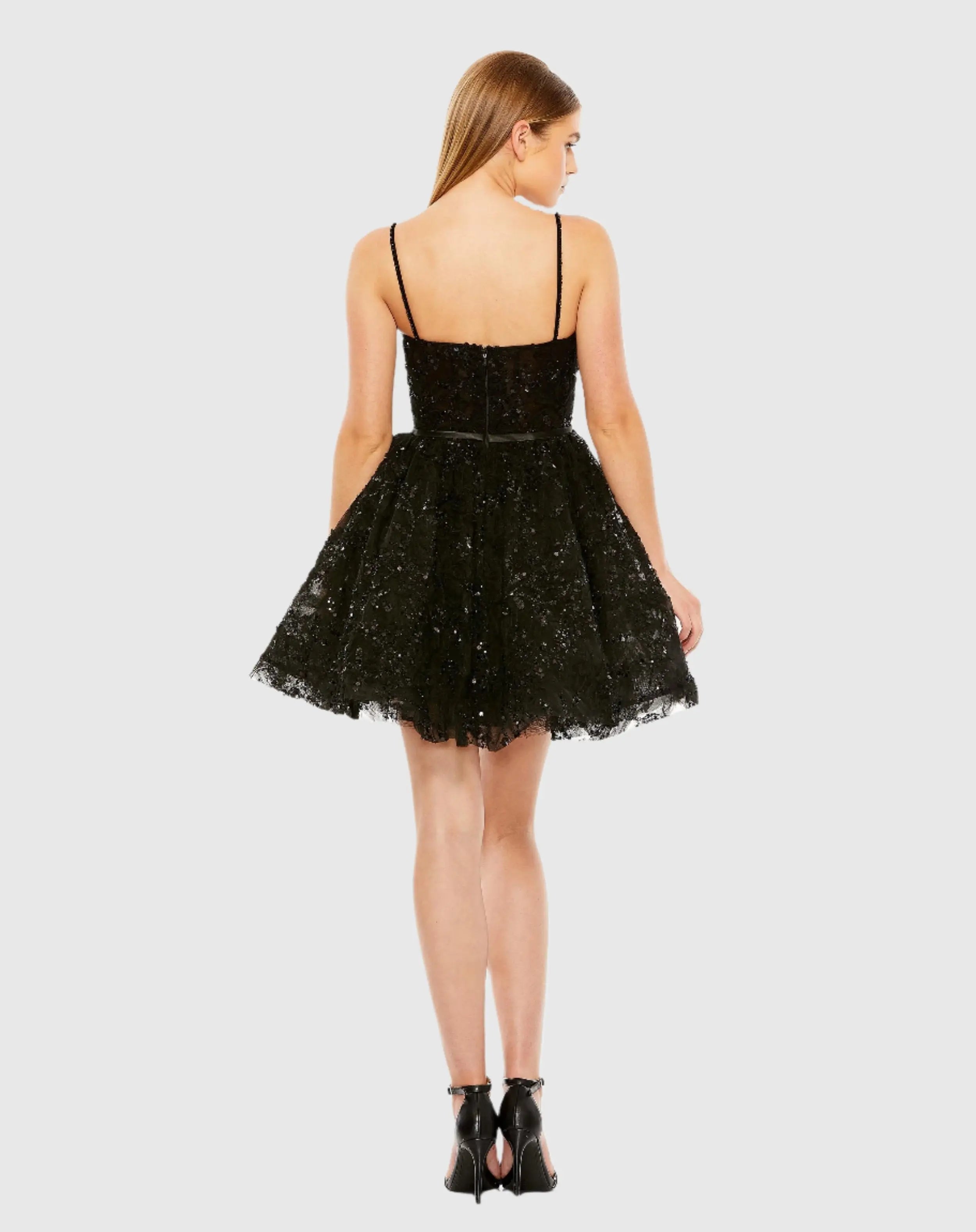 Black Beaded Strap Bustier Sequin Mini Dress