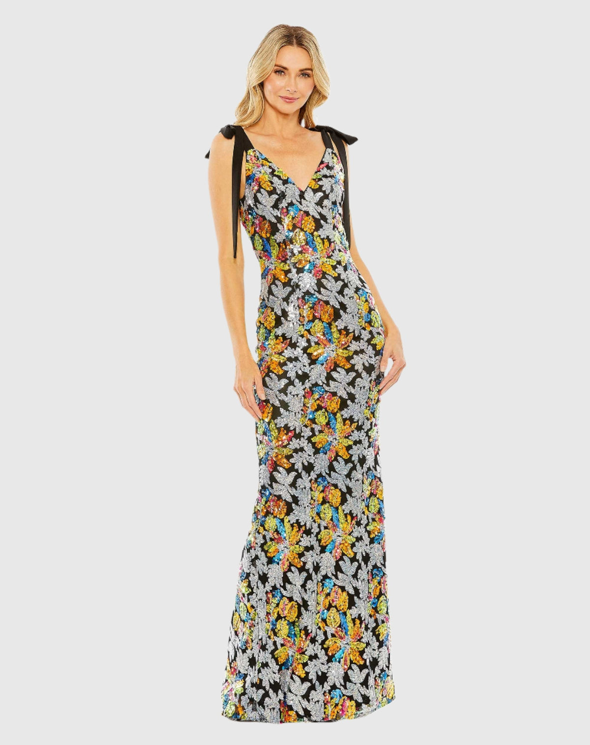 Black Embellished Bow Strap V Neck Column Gown