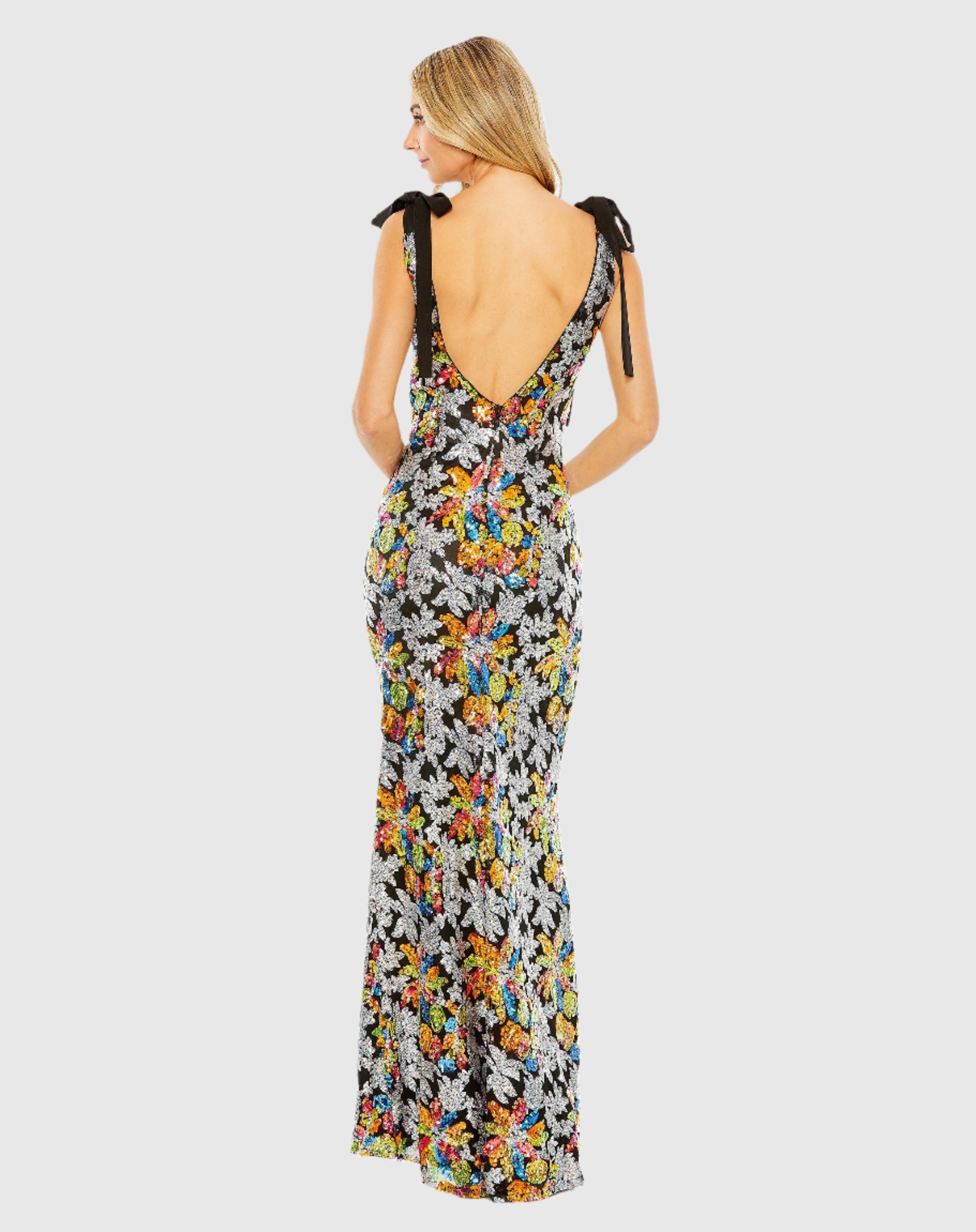 Black Embellished Bow Strap V Neck Column Gown