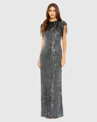 Black Embellished Fringe Gown