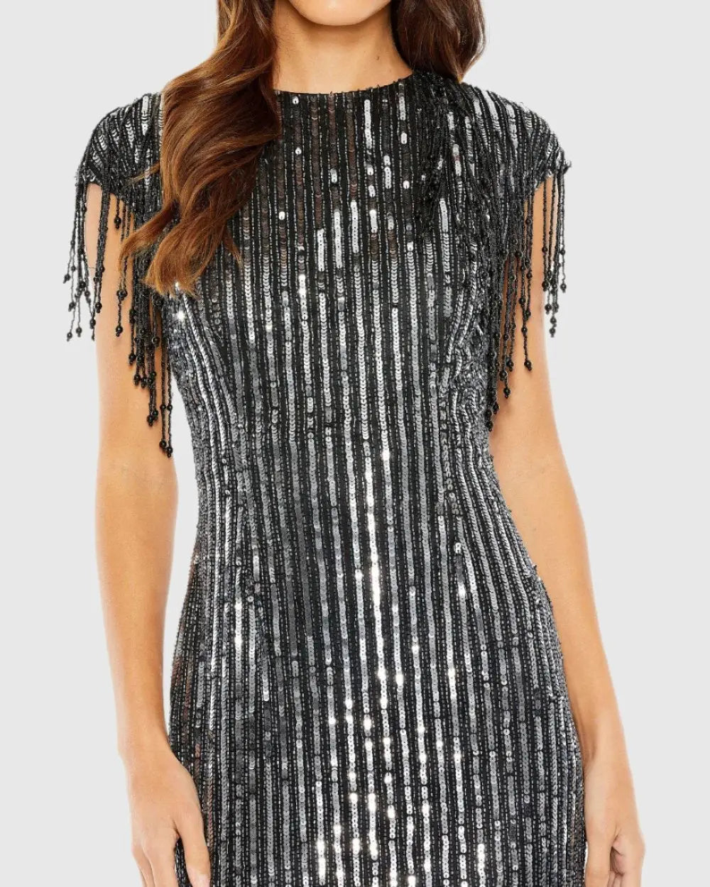 Black Embellished Fringe Gown