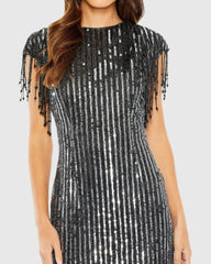 Black Embellished Fringe Gown