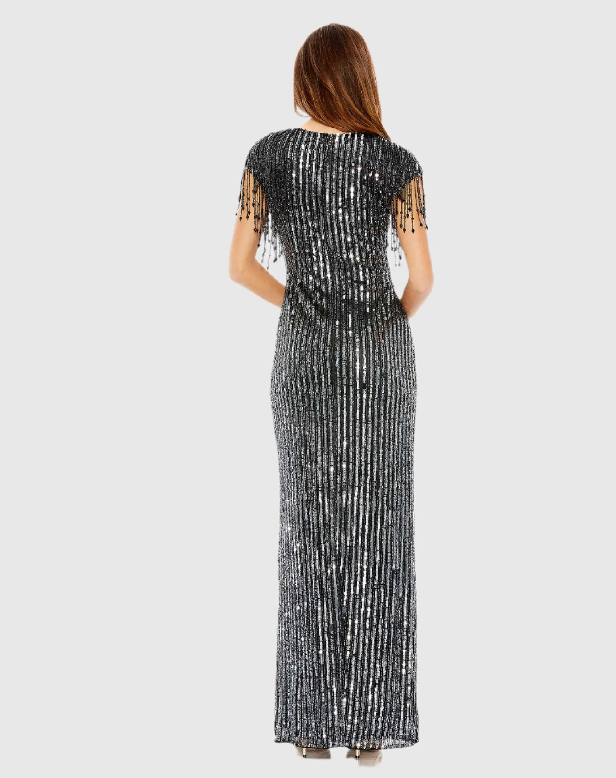 Black Embellished Fringe Gown