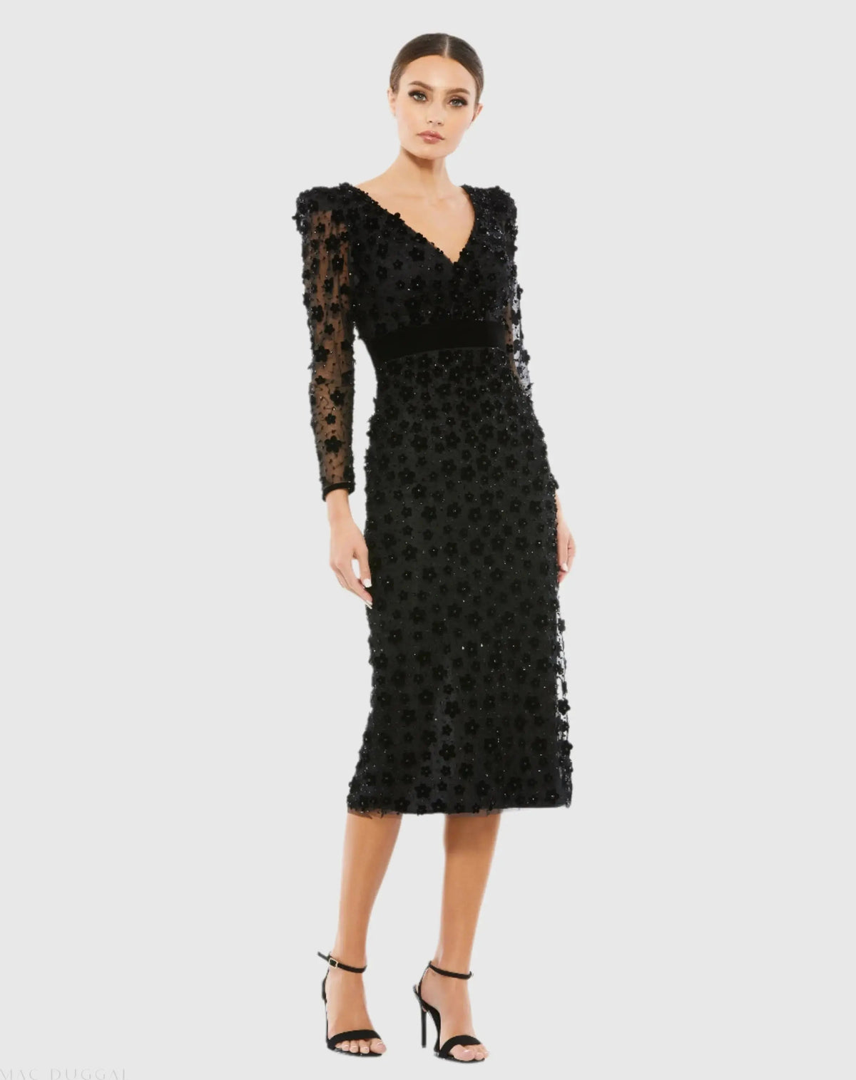 Black Embellished V Neck Illusion Long Sleeve Sheath Dress