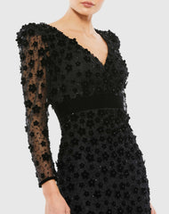 Black Embellished V Neck Illusion Long Sleeve Sheath Dress