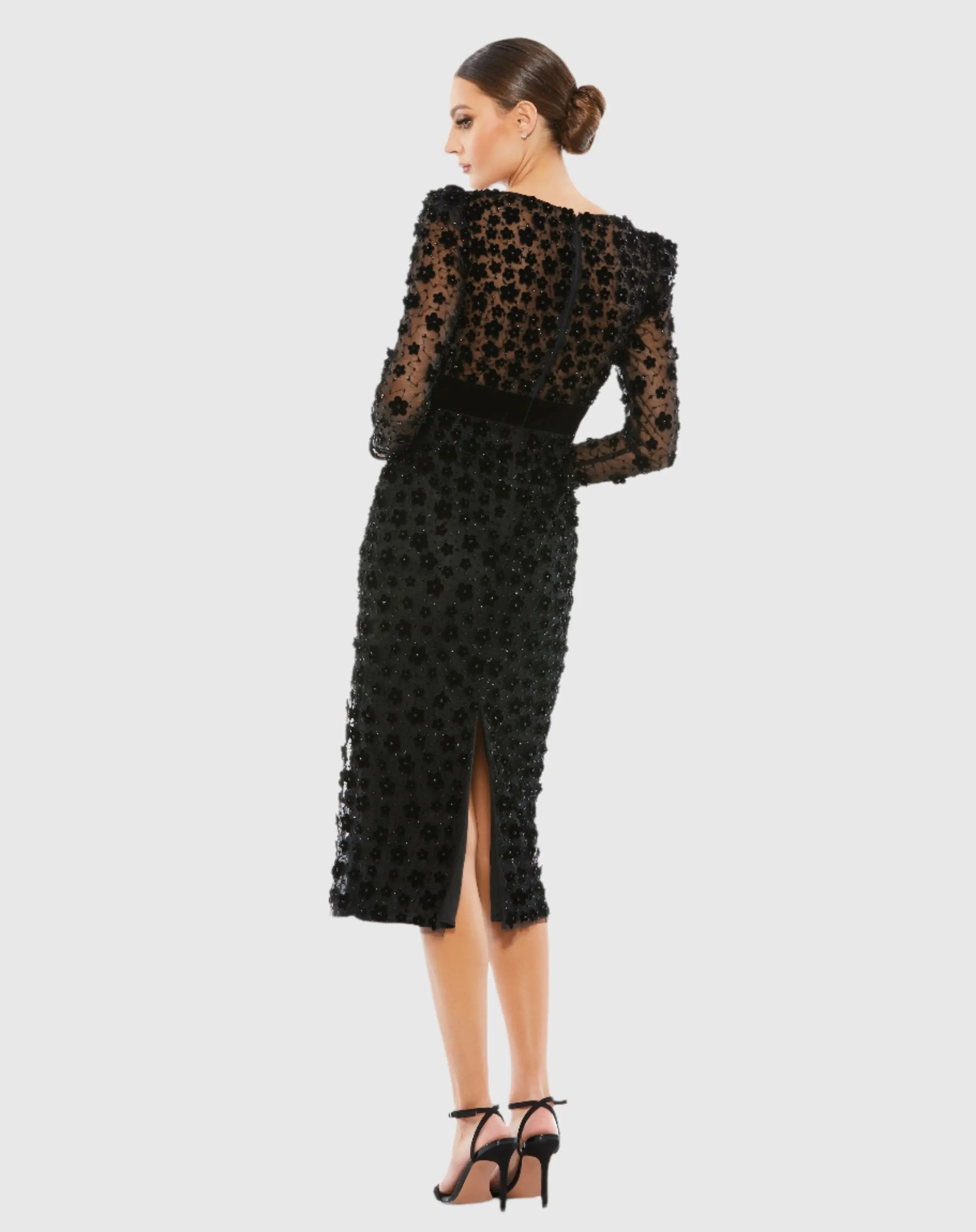 Black Embellished V Neck Illusion Long Sleeve Sheath Dress