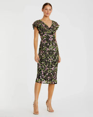 Black Floral Embellished Flutter Cap Sleeve Dress