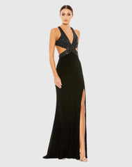 Black Floral Sequined Criss Cross Bodice Gown