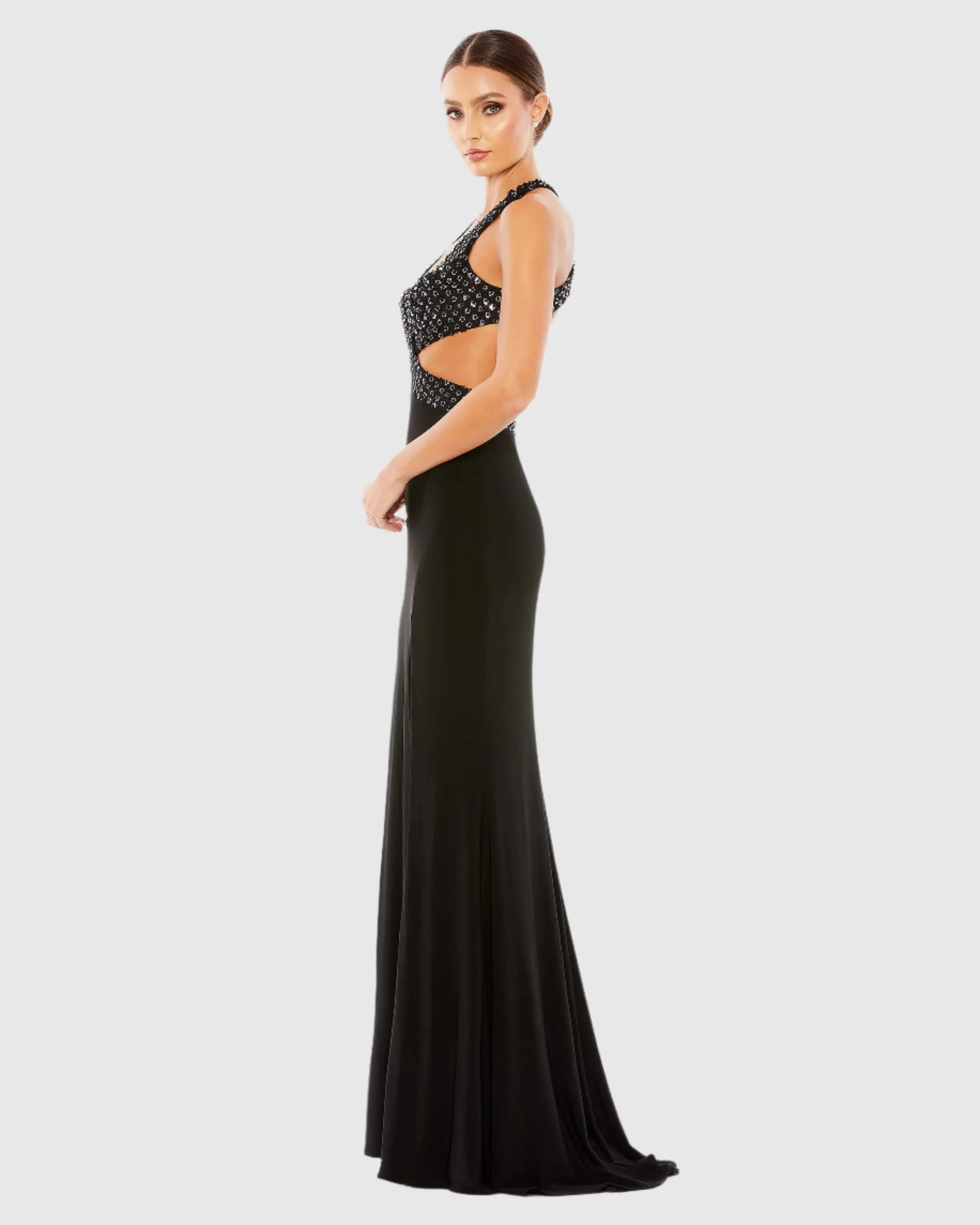 Black Floral Sequined Criss Cross Bodice Gown