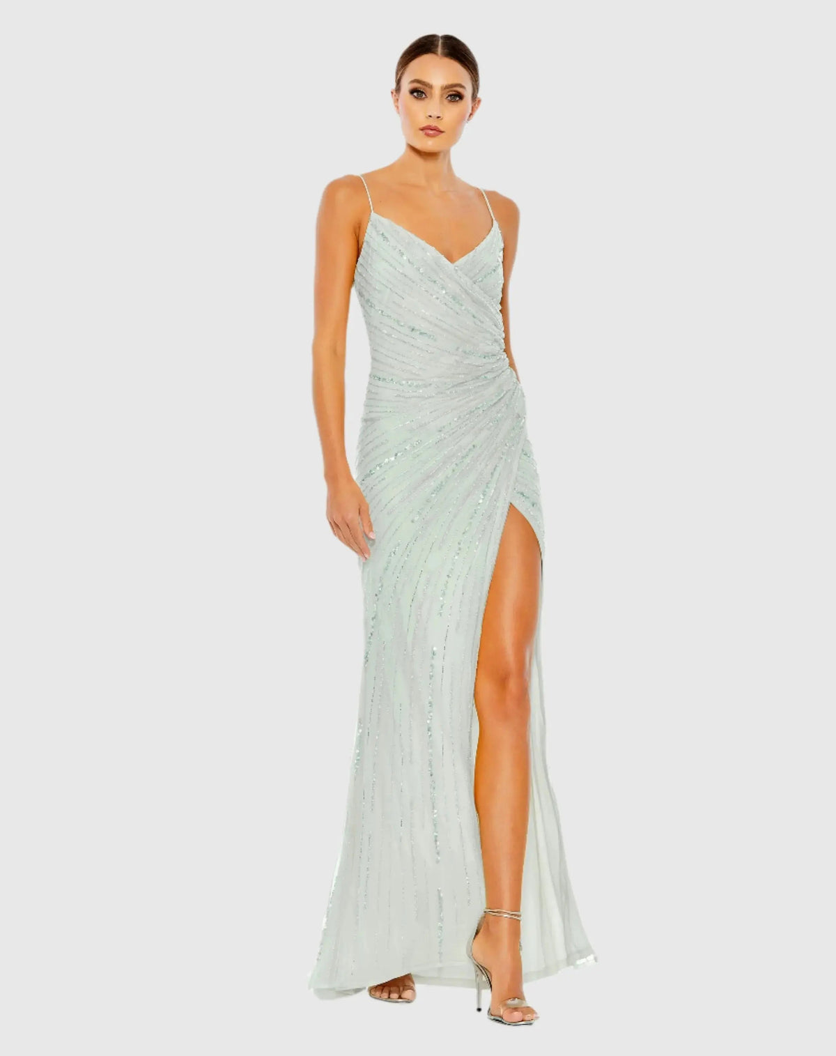 Beaded Sleeveless Faux Wrap Gown