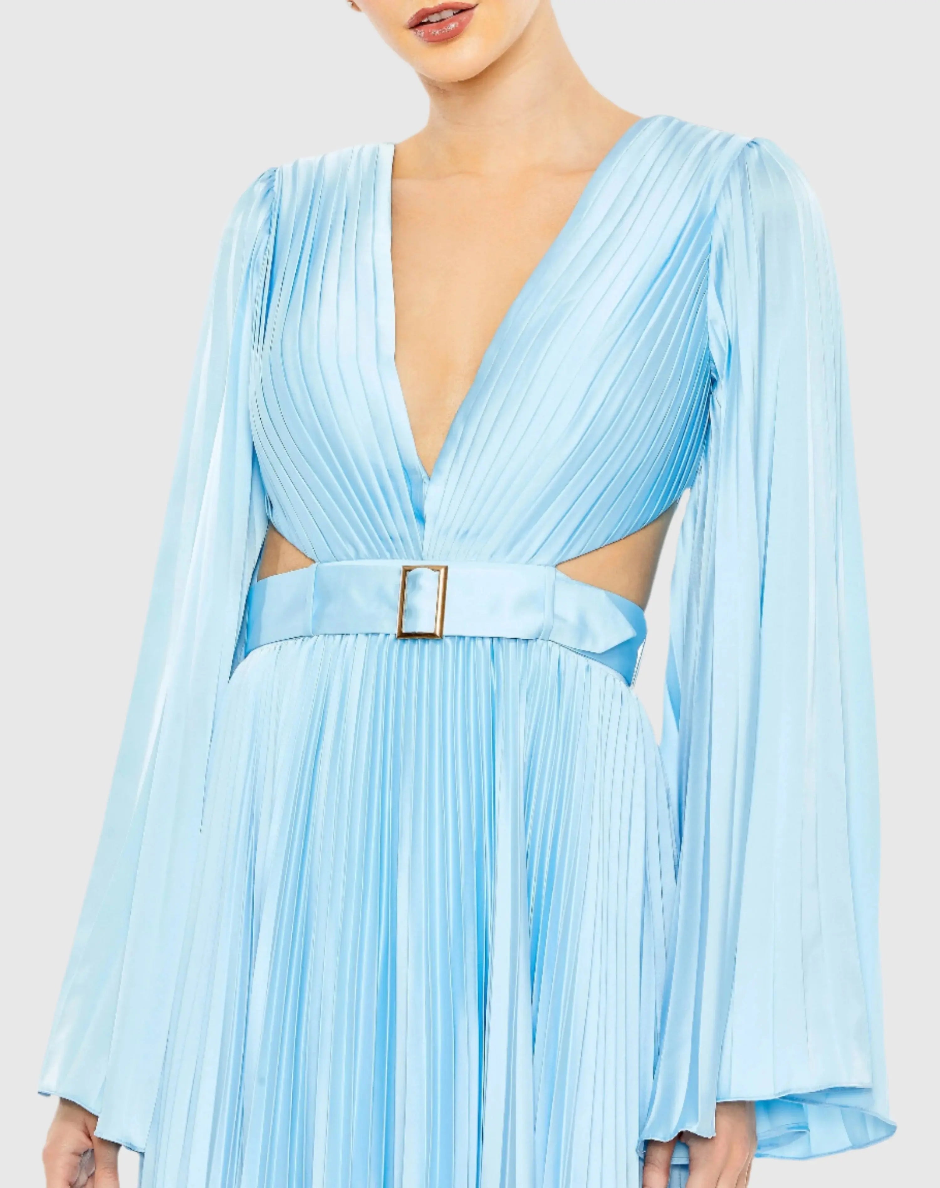 Blue Long Sleeve  Lace up Back Charmeuse Gown