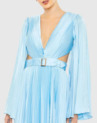 Blue Long Sleeve  Lace up Back Charmeuse Gown