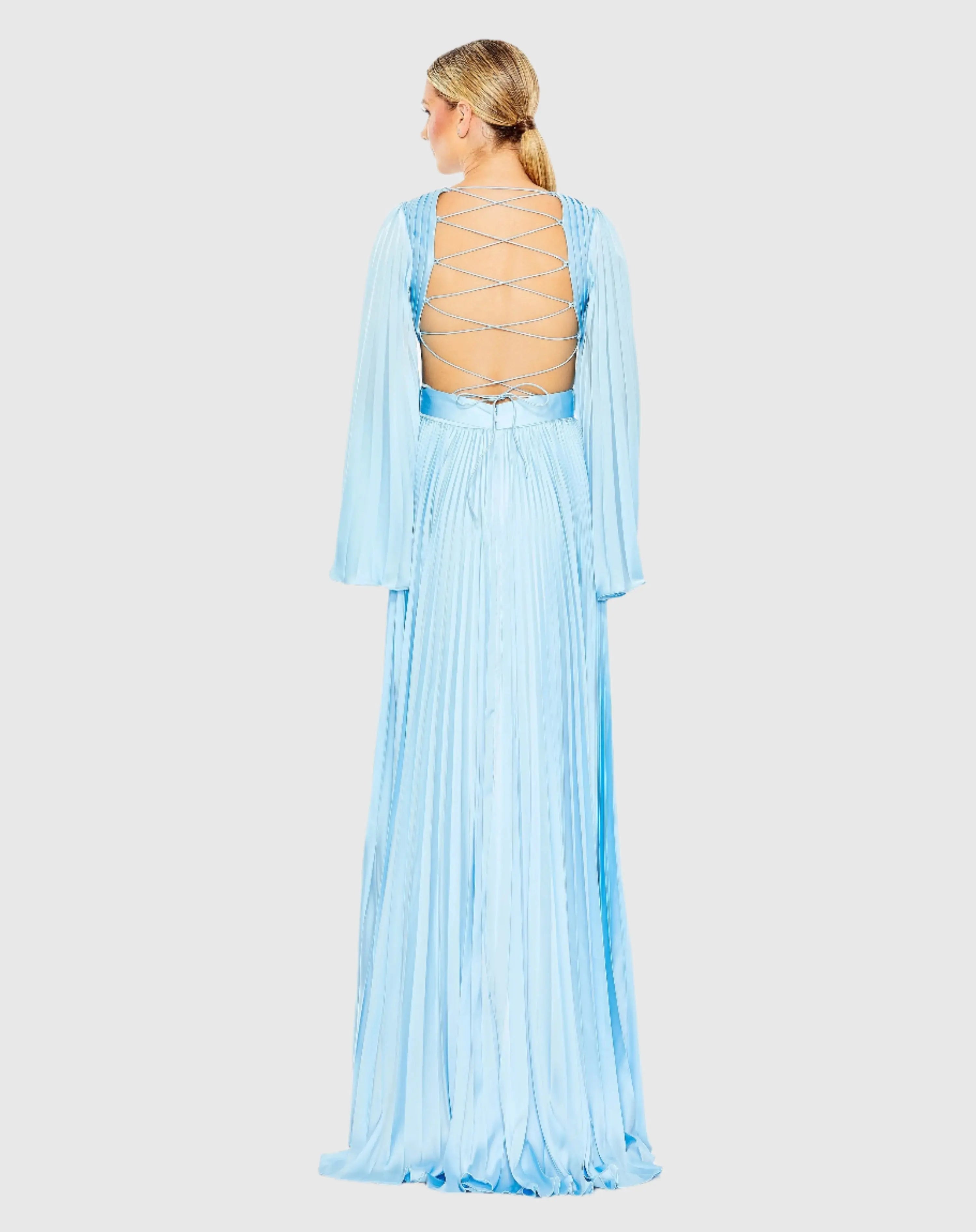 Blue Long Sleeve  Lace up Back Charmeuse Gown