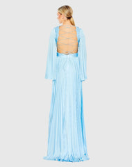 Blue Long Sleeve  Lace up Back Charmeuse Gown